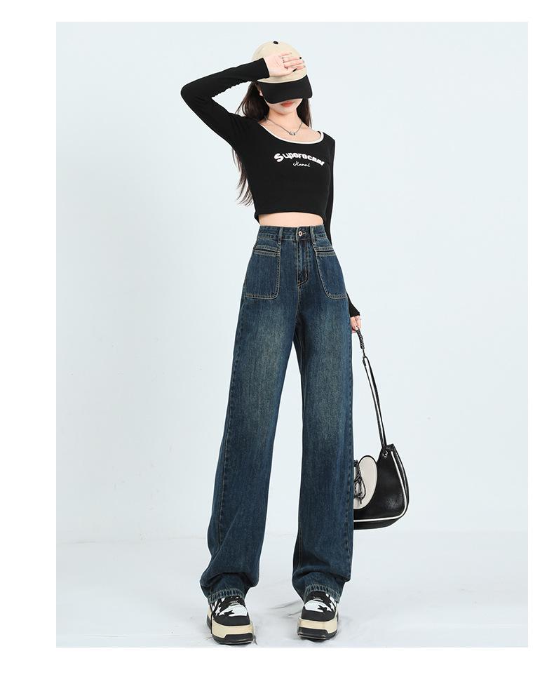 American Style High-Waist Loose Velvet Denim Pants for Women - Thickened, Floor-Length, Pear-Shaped, Fashionable Wide-Leg Design