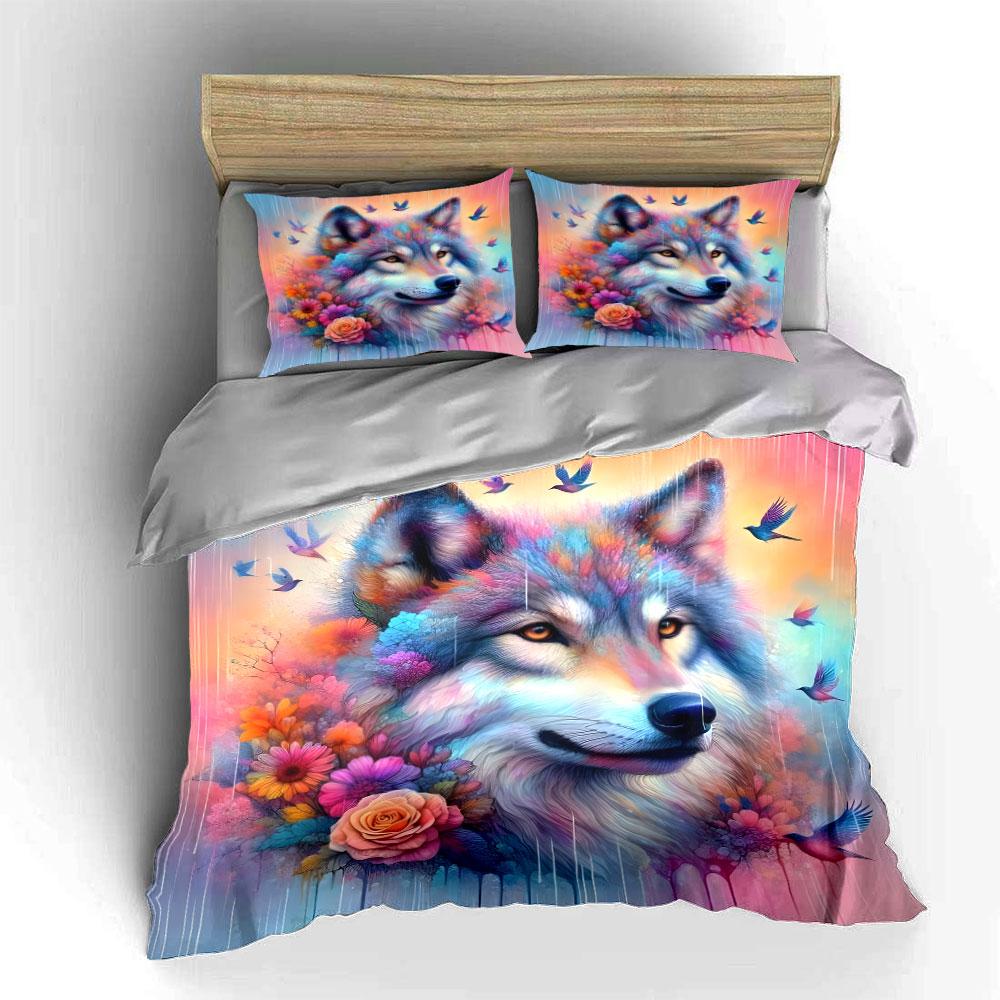 Colorful Wolf Art Decor Set Multiple sizes kid's and adults' bedroom Exquisite 3PC bedding set gift