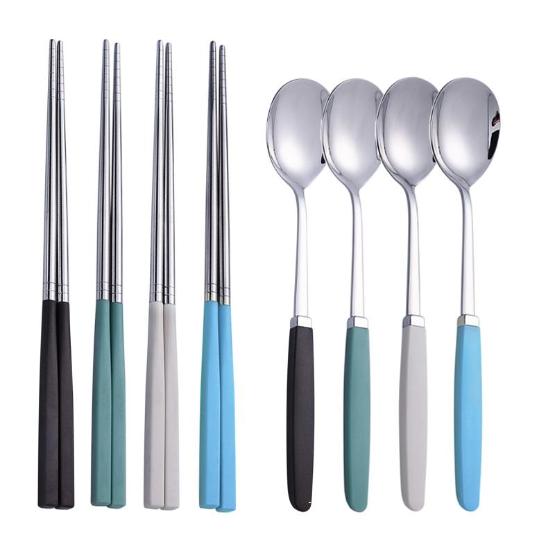8Pcs Korean Dishware Collection Premium Silverware Collection 304 Stainless-steel Meal Collection Colors Spoon Dinnerware Spoon Chopsticks Silverware