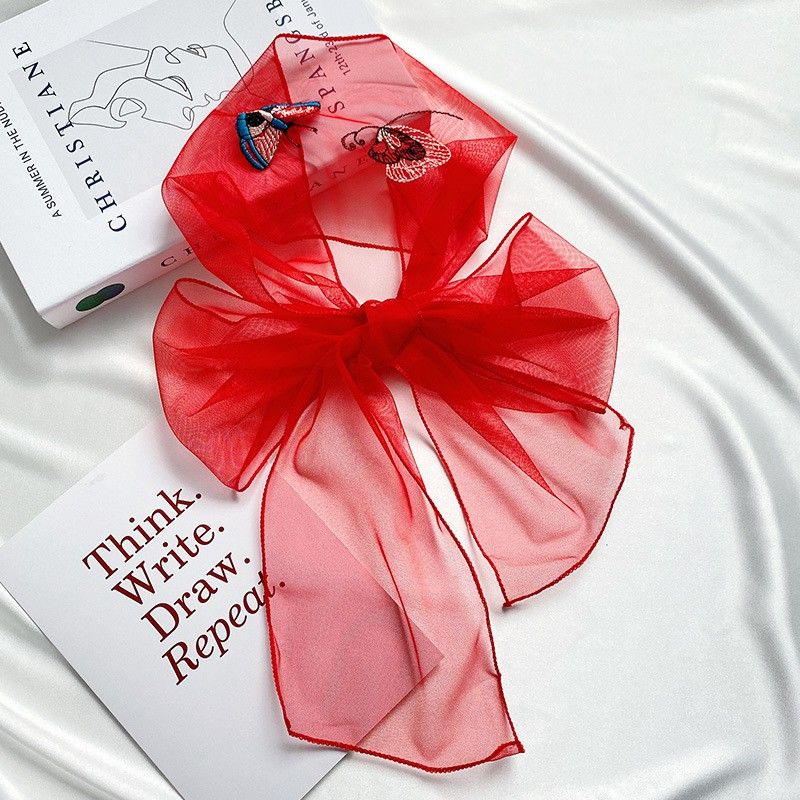 Butterfly Embroidered Lace Long Silk Scarf for Women's Summer Luxury Hairbands Floats Ribbons Tie Bags Neck Straps Tie Hair