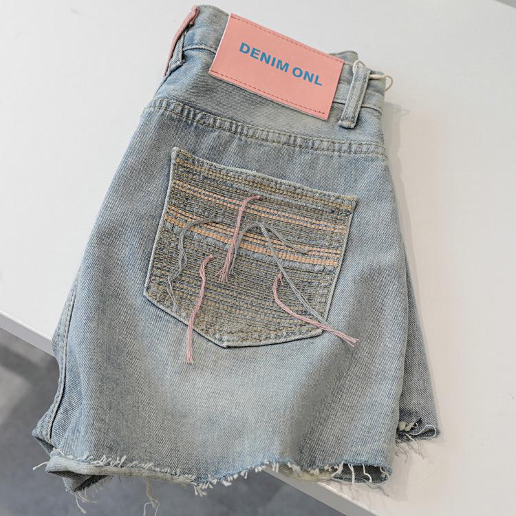 

American retro raw edge high-waisted straight women s denim shorts, summer stylish embroidered hot girl wide-leg hot pants L [excellent quality]] синий