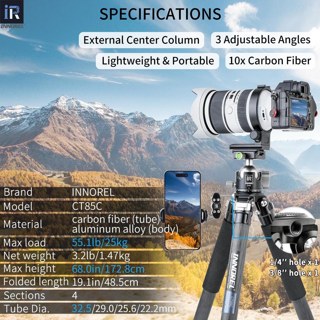 INNOREL Camera Tripod Carbon Tripod Single Lens Reflex Tripod with Ball Head 4 Steps Telescopic Working Height Pipe Diameter 25KG Maximum Load
