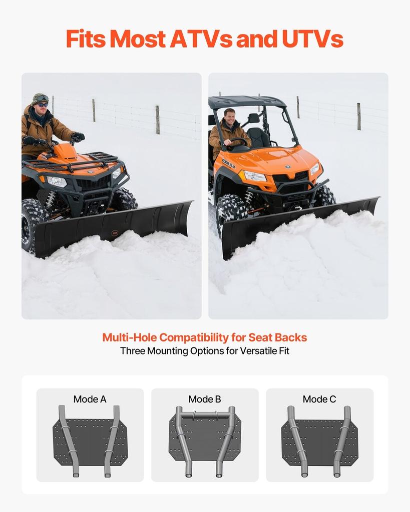 Snow Plow Kit, 1524 mm Universal Snow Plow Attachment, Height & Left-Right Adjustable, Quick To Detach, Steel ATV Scrape Blade, 3 Mount Options,