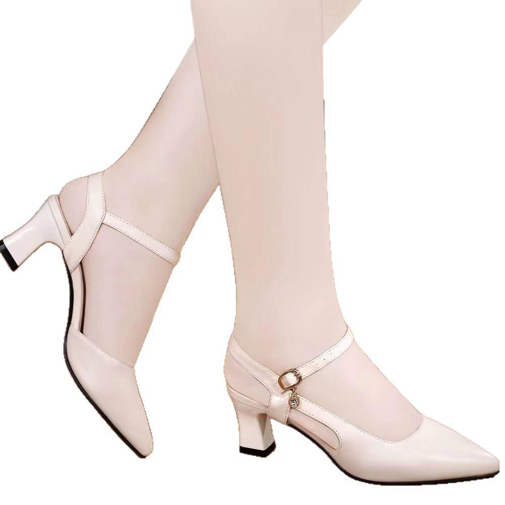 One-character buckle high-heeled sandals women's shoes 2025 spring new casual thick-soled bag head pointed comfortable fairy style