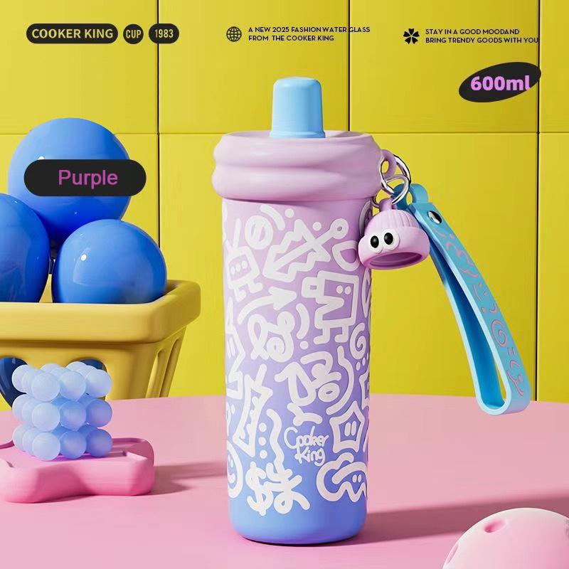 COOKER KING Sports Thermos Cup Stainless Steel Water Cup Colorful Patterns Insulated Water Bottle with Straw Hot & Cold Flask