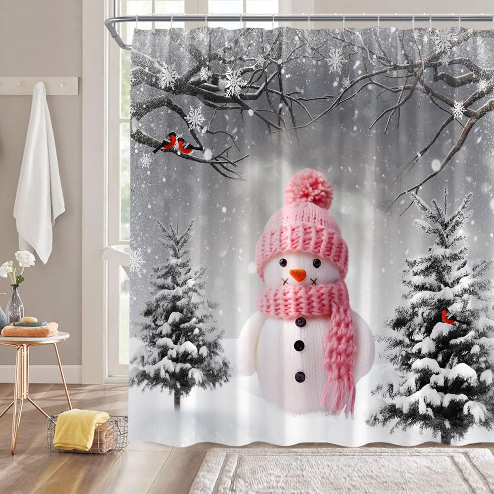 Farmhouse Christmas Shower Curtain Red Retro Truck Farm Barn Pine Tree Forest Snowflake Vintage Rustic Winter Holiday Fabric