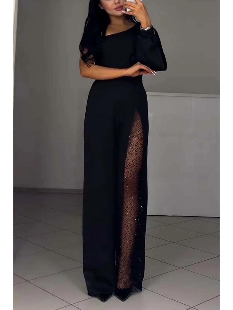 2024 European & American Autumn/Winter High Slit One-Shoulder Women's Jumpsuit