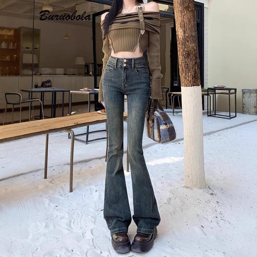 

Cement Gray High-Waisted Retro Flare Jeans for Women, Autumn/Winter 2025 Collection XL