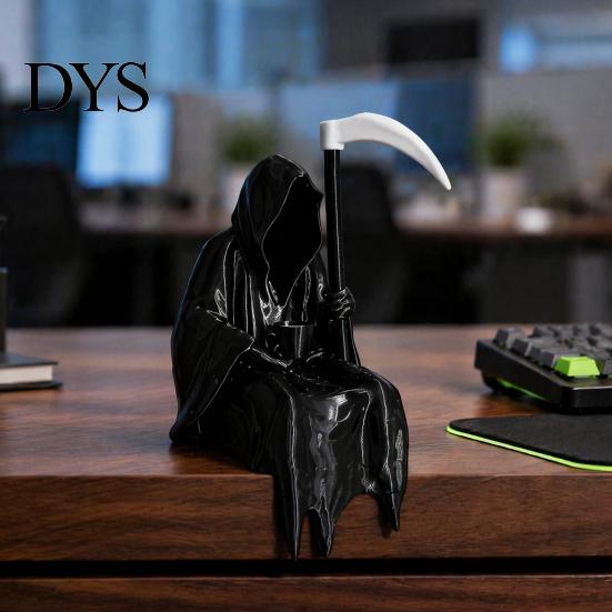 Dark Aesthetic Figurine 3D Printed Grim Reaper Statue with Coffee & Sickle, Gothic Desk Desktop Atmosphere Decoration Decor, Unique Art for