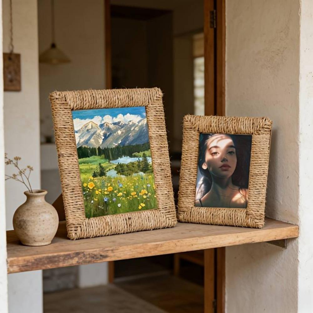 Cornice Portafoto Intrecciata Naturale Cornice da Tavolo Fatta a Mano Supporti per Esposizione Foto Decorazione da Parete per Ufficio