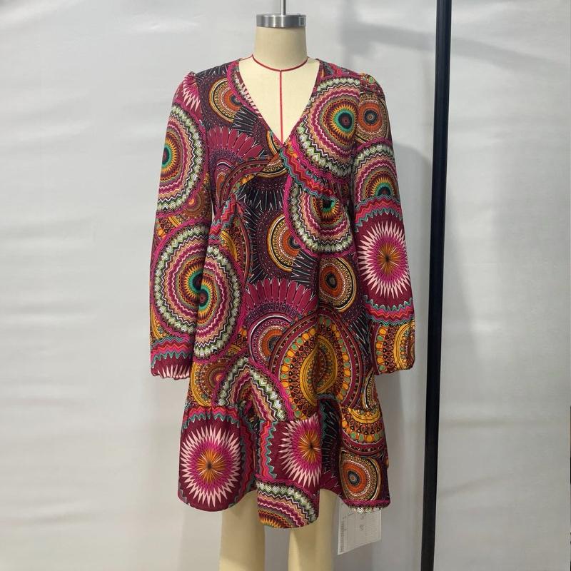 Mode Vintage Print A-Linie Locker Lässige Kleider Damen Puff Langarm Elegant V-Ausschnitt Slim Sexy Kleid Damen Sommer Strandurlaub Kurzes Kleid 25886