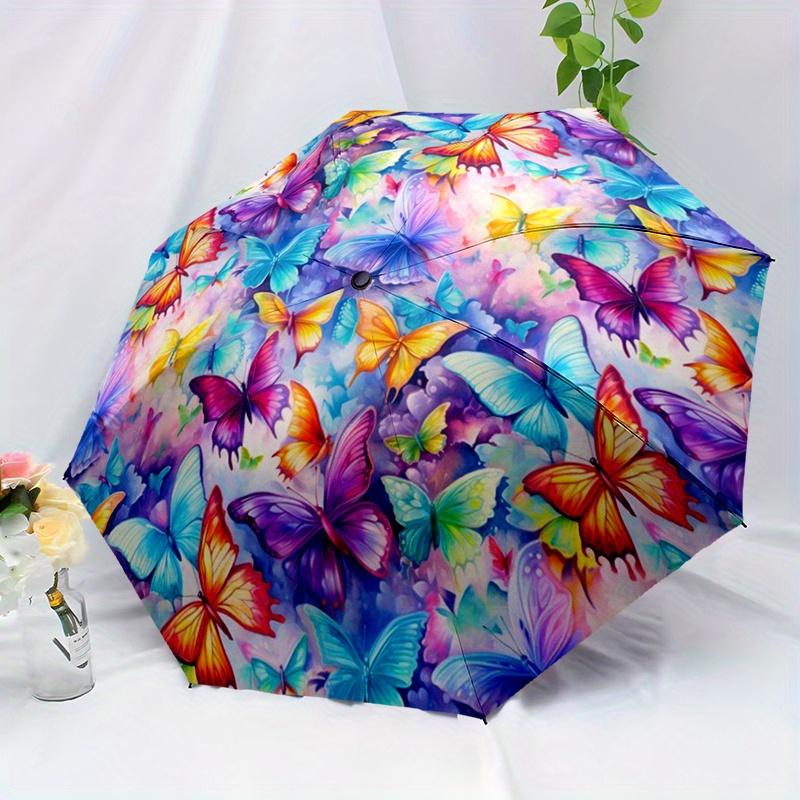 1pc Colorful Butterfly Print Automatic Portable Umbrella - Durable Metal Frame and Plastic Handle, Vivid Design, Cute Fashiona