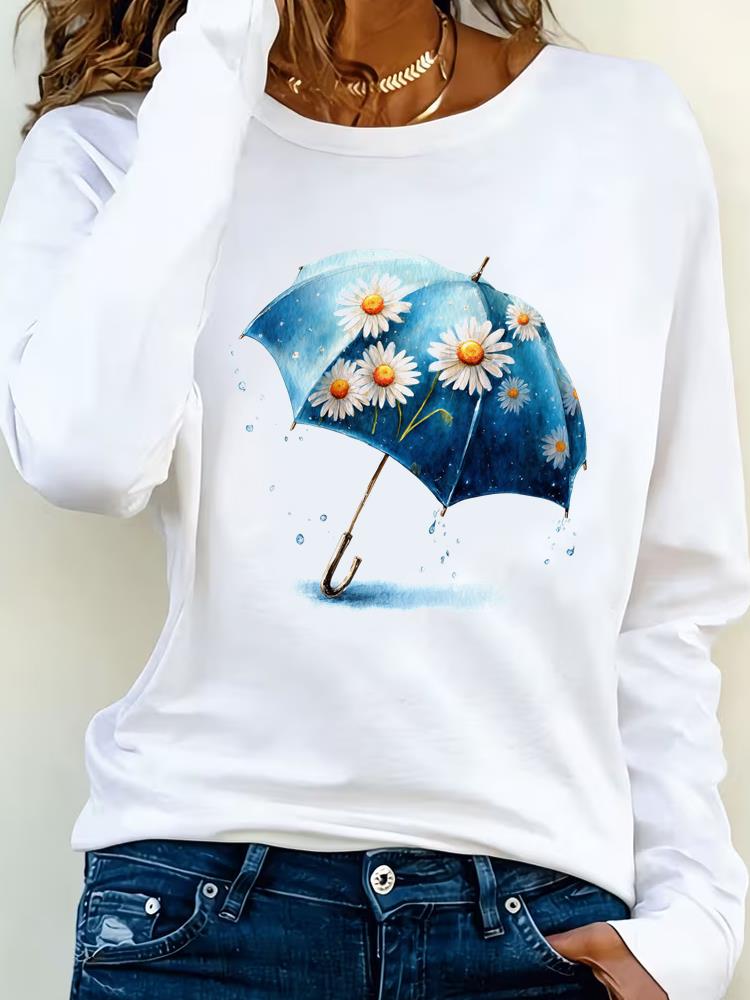 (Asian Size) Love Heart Watercolor Trend Tee Lady Printed O-neck Long Sleeve T Shirt Women Female Clothing Casual Fashion Top Graphic T-shirts
