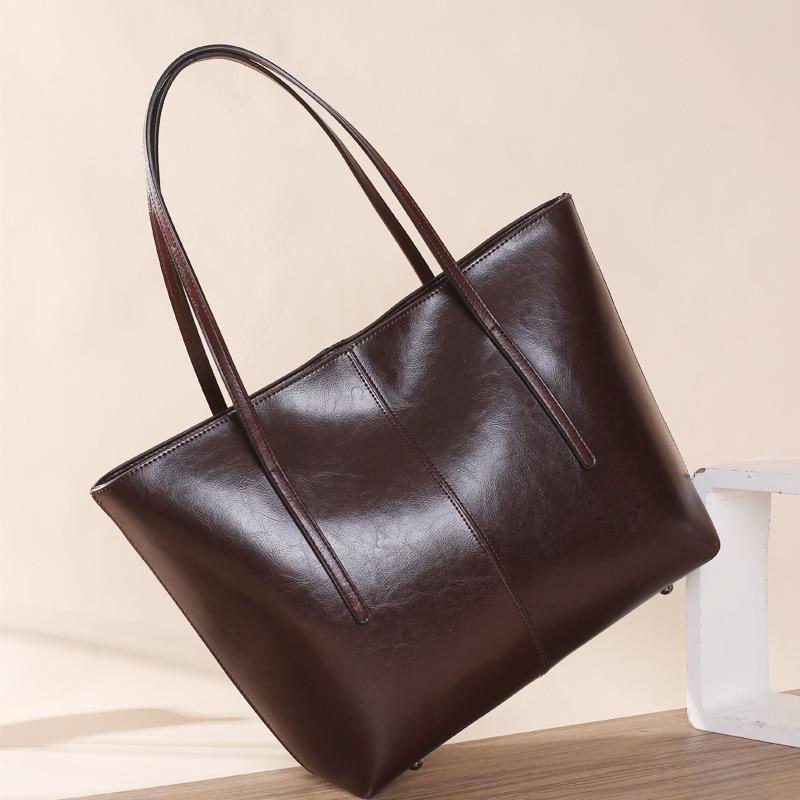 Leather Big Bag Style Oil Wax Leather Handbag Retro Tote Bag Shoulder Armpit Bag Retro Style