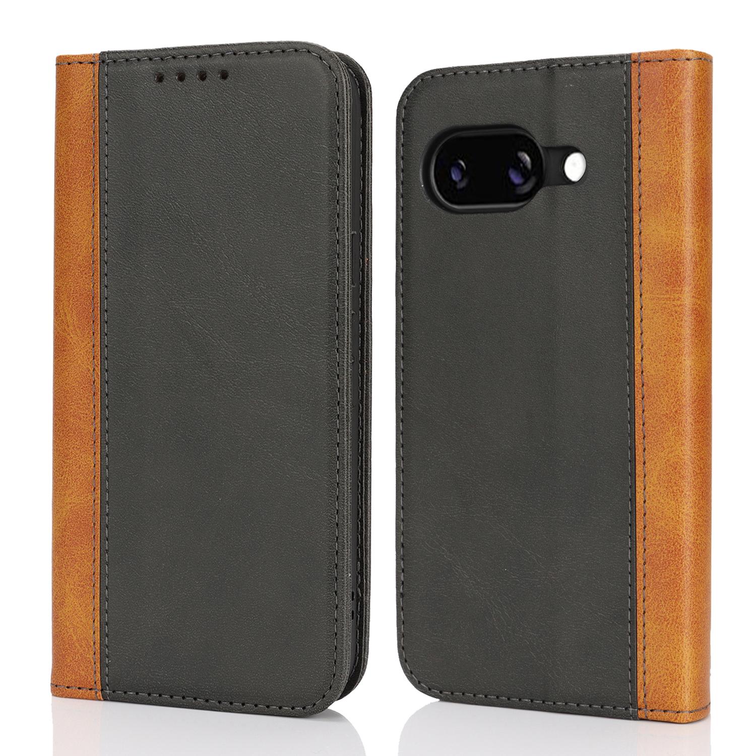 

For Google Pixel 9a Case Calf Texture 3 Card Slots Color Splicing Leather Phone Cover Black+Yellow