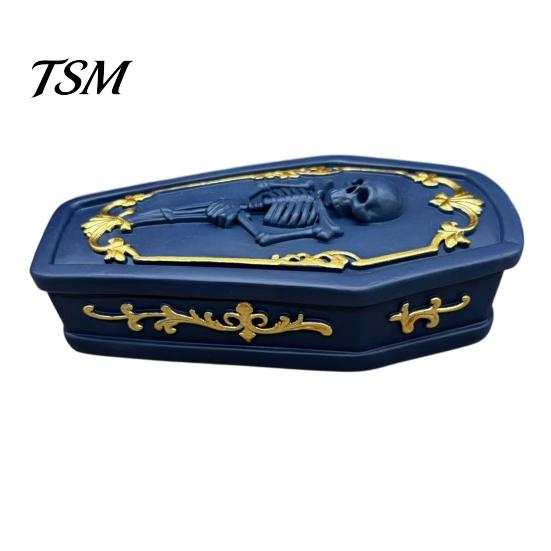Halloween Atmosphere Prop Gothic Skull Casket Jewelry Box, Resin Spooky Storage Figurine for Vintage Bone Texture Box Rings, Dark Tabletop Organizer,