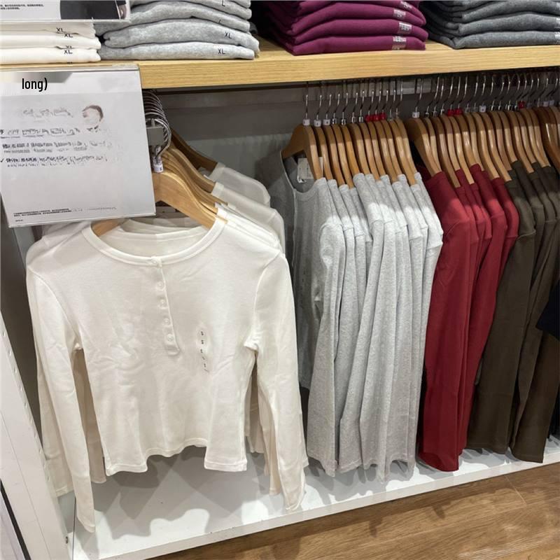 2025 Autumn/Winter Women's Ribbed Henley Long Sleeve Slimming Base Layer T-shirt
