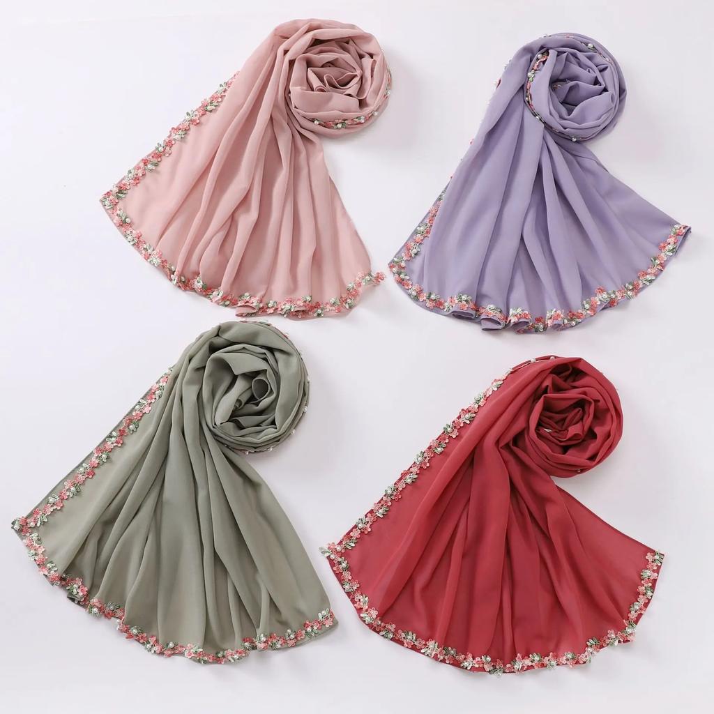 Chic Floral Lace Beaded Scarf - Floral Muslim Hijab Shawl, Fresh Sweet Square Headwrap for Women
