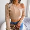 Women's Autumn and Winter Fashion Casual Sexy Hollow Out Strapless Long Sleeve Short Neckless Knitwear Sweater