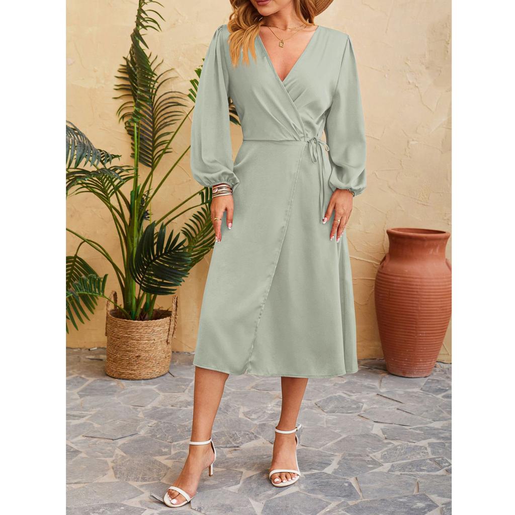 Women's V-Neck Waist Long Sleeve Hem Split Sexy Fashion Dresses
