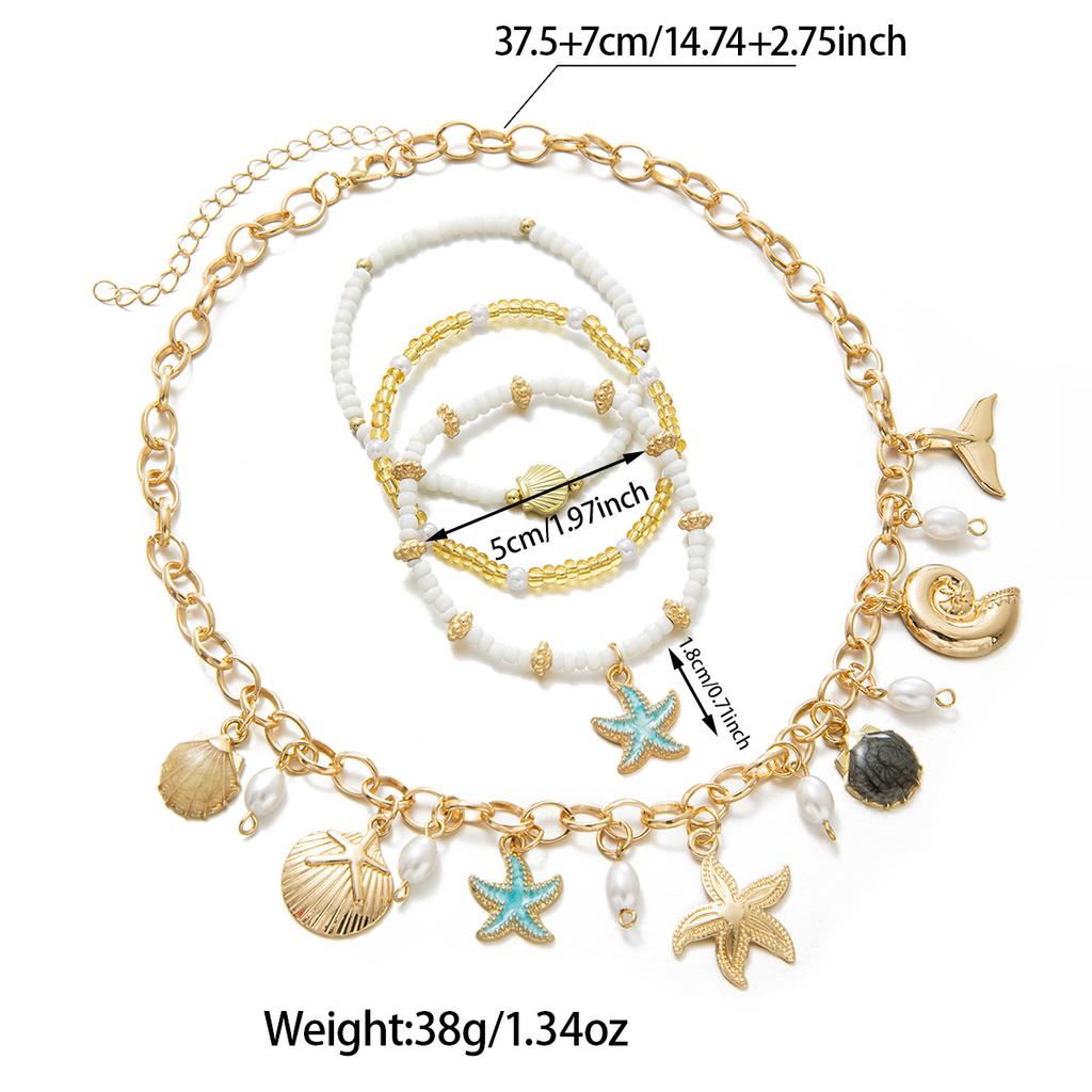 Bohemian Ocean Style Necklace and Bracelet Set with Imitation Starfish, Shell and Pearl Pendants