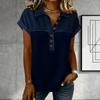 Denim Patchwork Shirts For Women Stand Collar Casual Blouse Short Sleeve Comfy Tshirt Spring Summer Fashion