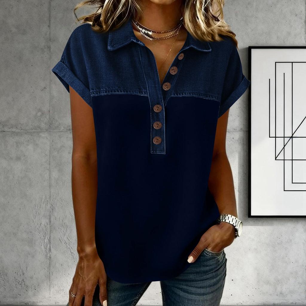 Denim Patchwork Shirts For Women Stand Collar Casual Blouse Short Sleeve Comfy Tshirt Spring Summer Fashion
