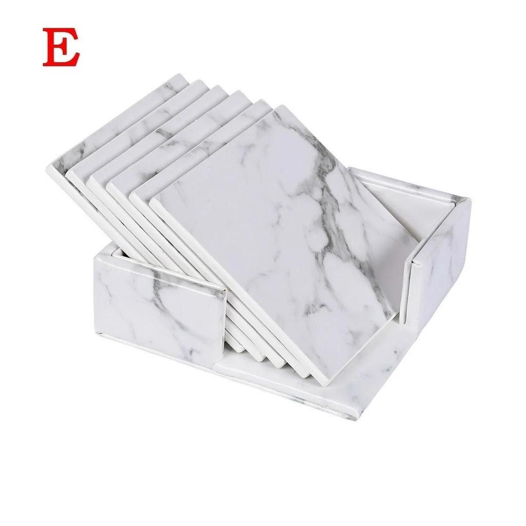 6 Pcs Home Kitchen Marble Pattern Cup Coaster Creative Round Edge Cup Mat Drink Mat Pu Leather Cup Pad Thermal Insulation