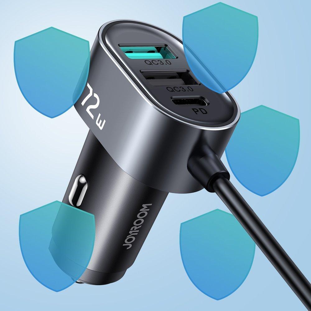 Joyroom High-Power 72W Dual Port Car Charger with 2xPD & 2xQC3.0, 1.5m USB-C Cable, Black Model JR-CL05