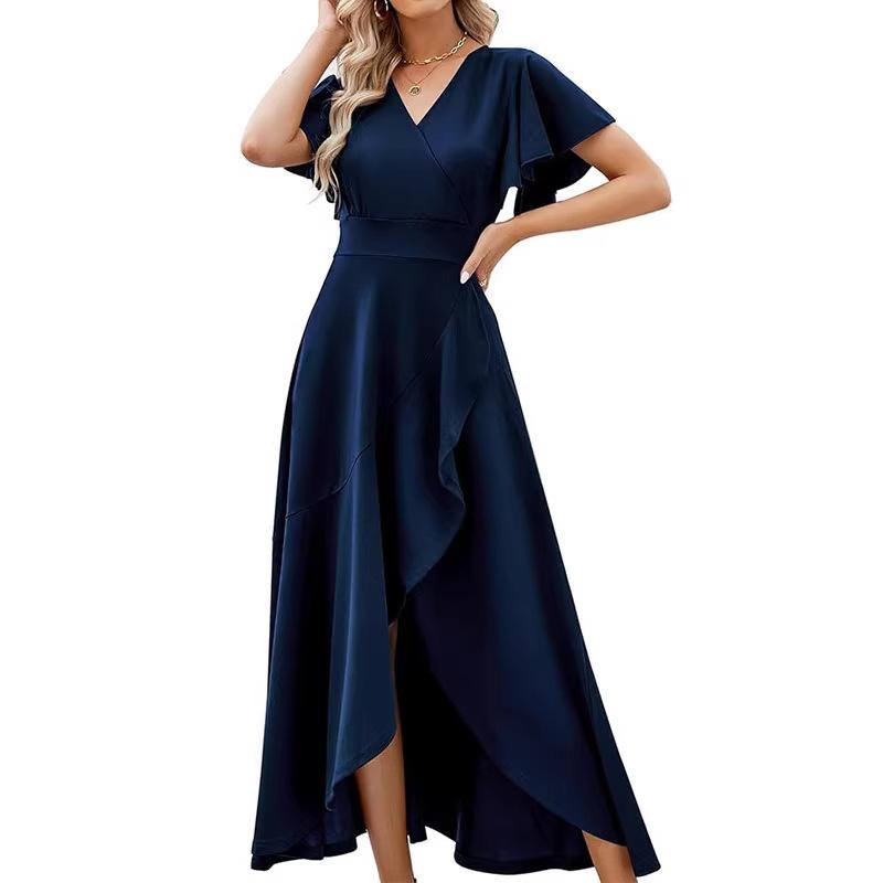 Women's lotus leaf sleeve V-neck temperament elegant evening dress European and American spring and summer waist dress