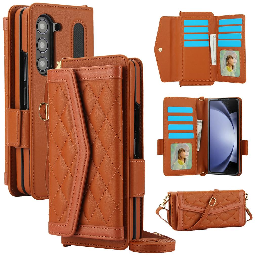 For Samsung Galaxy Z Fold5 5G Case Quilted Design PU Leather Wallet Phone Cover with Shoulder Strap