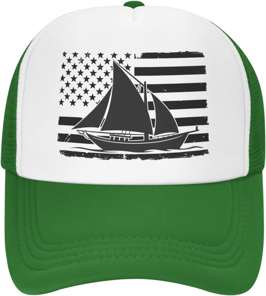 Distressed American Flag Sailboat Trucker Hat Sailing Graphic Mesh Cap Adjustable Outdoor Dad Hat