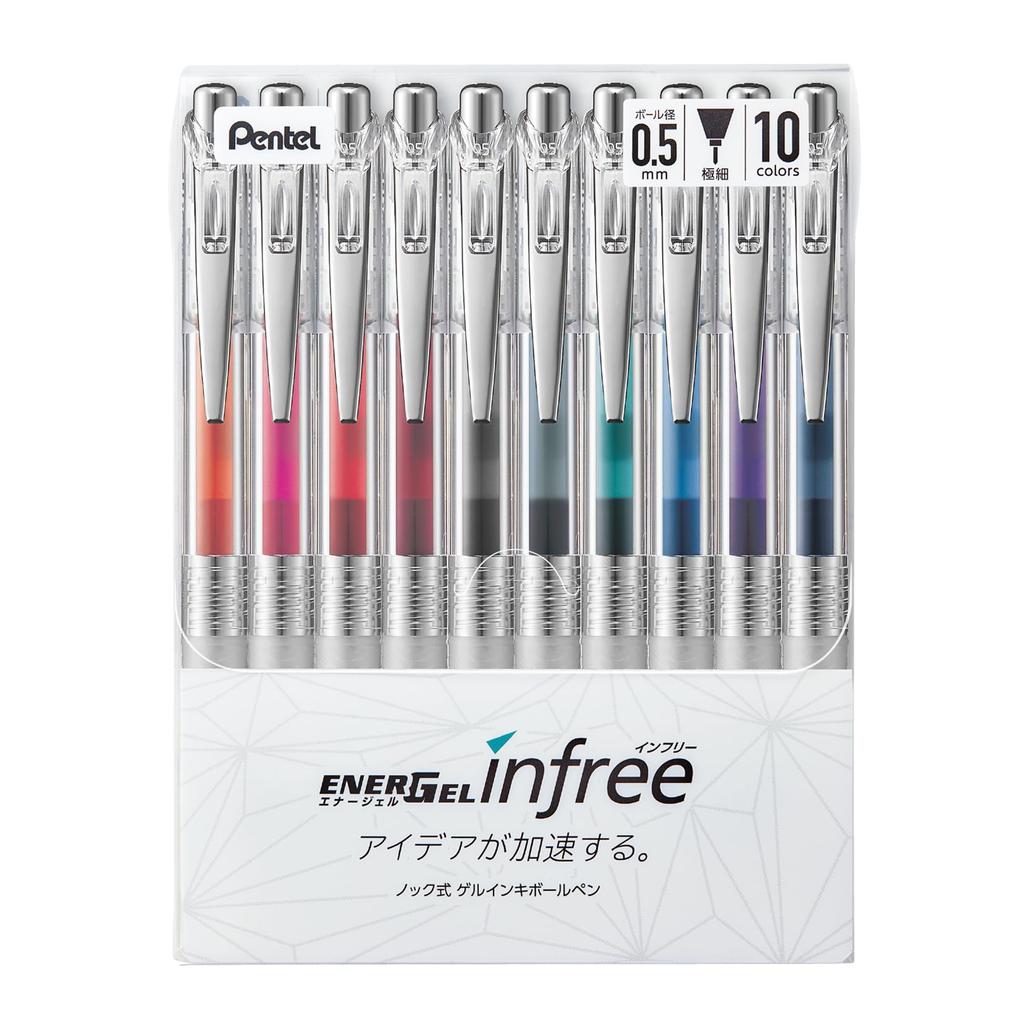 Pentel EnerGel Infree Гелевая шариковая ручка, прозрачный корпус, 10 цветов, 0,5 мм, Ручка, Корпус, BLN75TL-10,