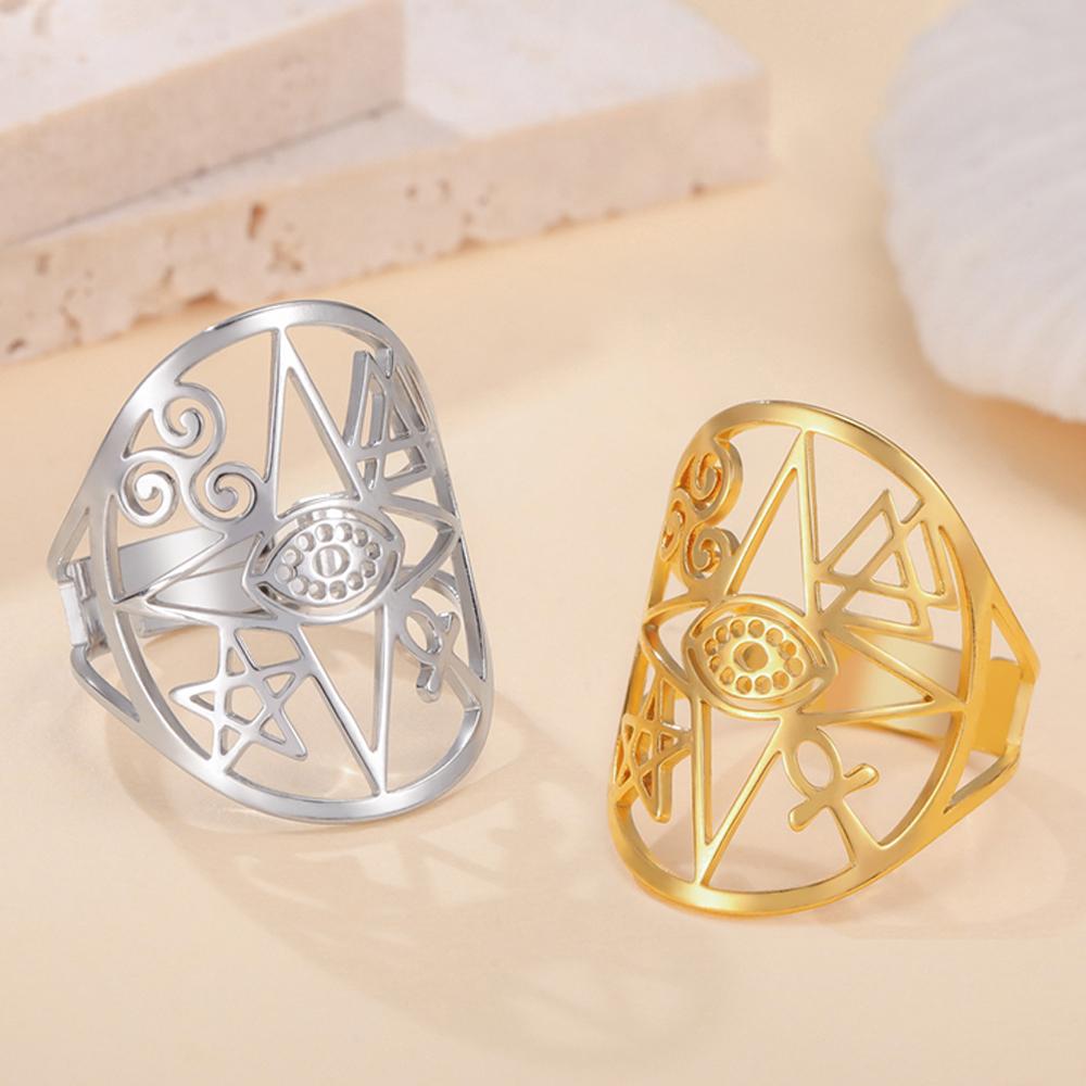 Dawapara Coexist Spiritual Symbols Adjustable Ring Good Luck Amulet Peace Unity Religious Dharma Wheel of Life Stainless Steel