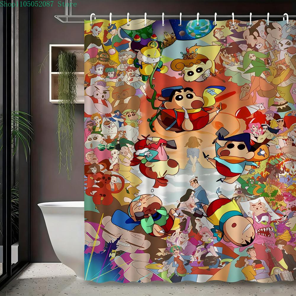 Crayon Shin-chan & Friends with Shiro 2D Print Waterproof Shower Curtain, Green Anime Bathroom Decor with Hooks