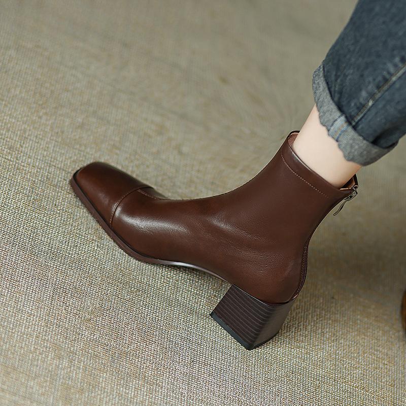 Retro Style Women Short Boots Fashion Back Zippers Ankle Booties Square High Heels Autumn Winter Shoes
