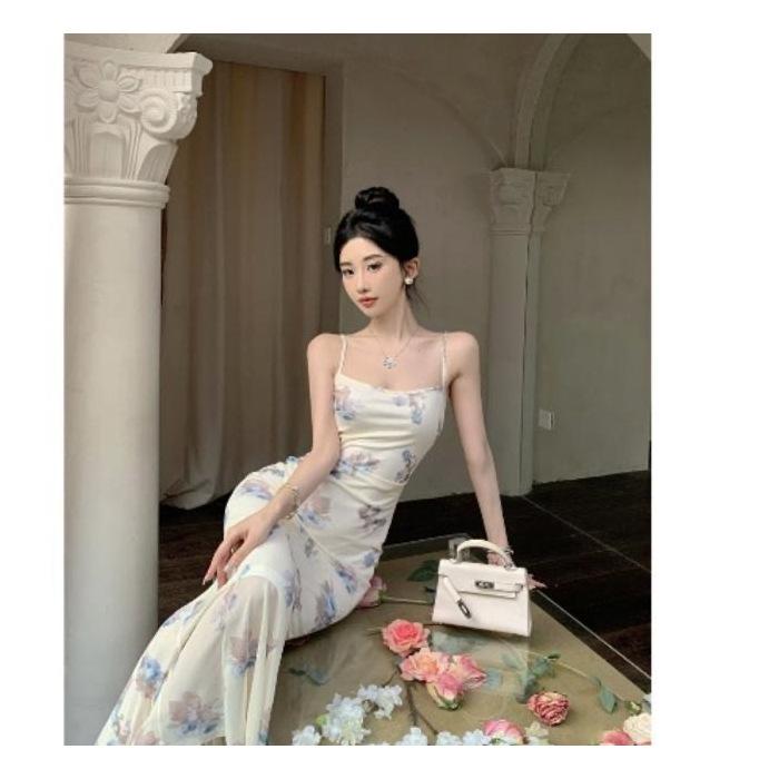 Sexy French print suspender dress women s niche design chic slim mesh fishtail dress beautiful temperament S