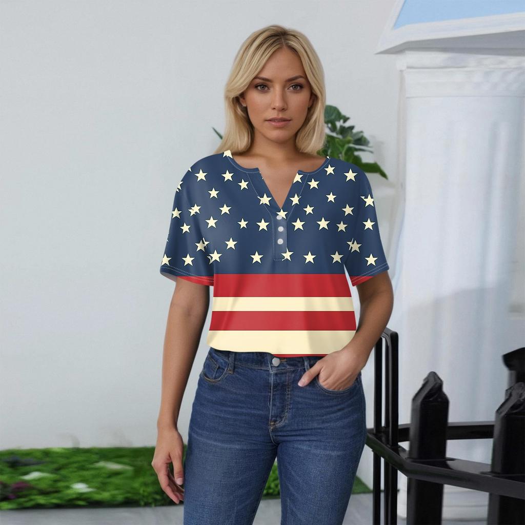 Women's T Shirt Tee Print Button Short Sleeve Daily Weekend Fashion Basic V- Neck Regular Top