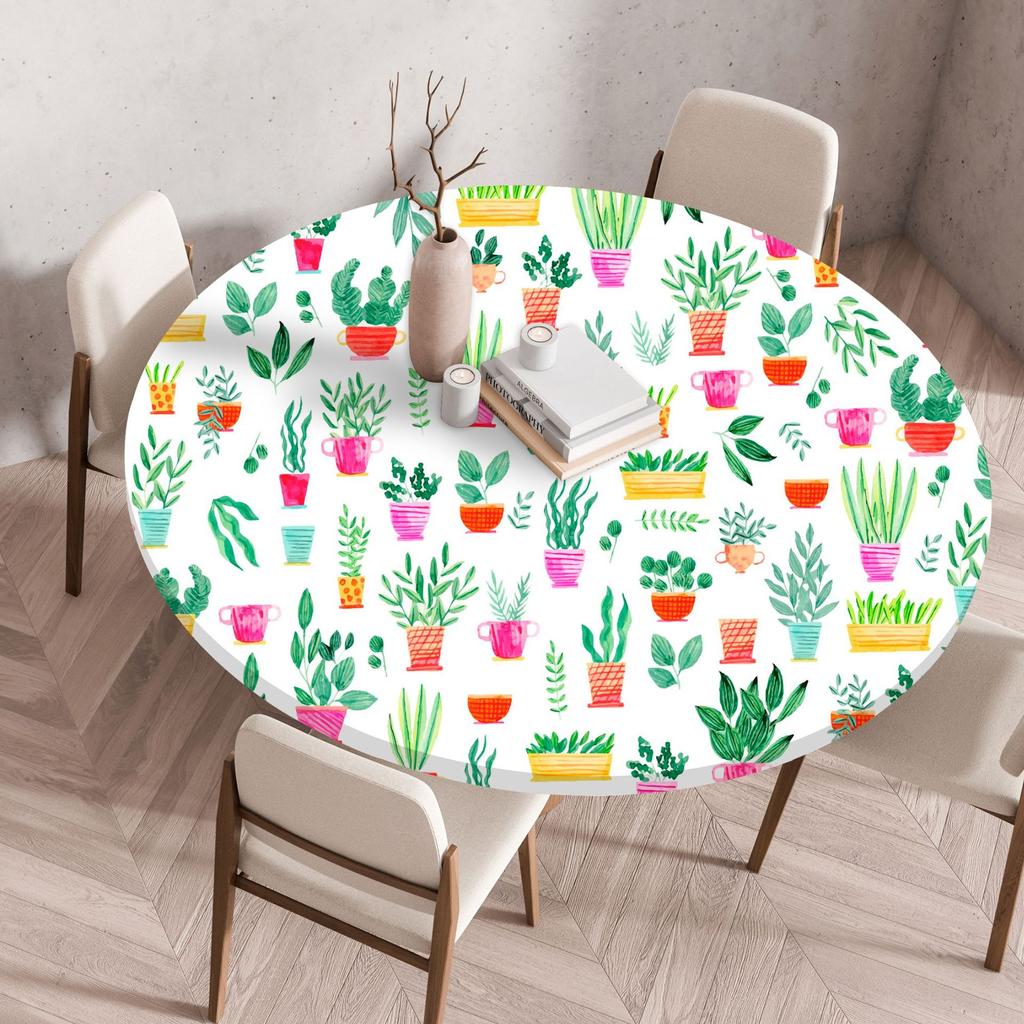 Plant Flower Patterns Round Tableclothes for Dining Table Fitted Table Protector Cover Elastic Edge Desk Decoration Waterproof