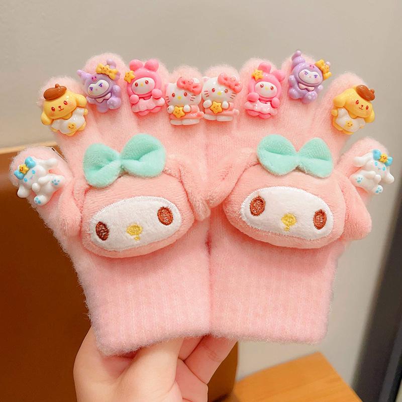 Dziecięce zimowe rękawiczki w stylu kreskówkowej księżniczki z rozdzielonymi palcami - Urocze, ciepłe, pluszowe dla dziewczynek