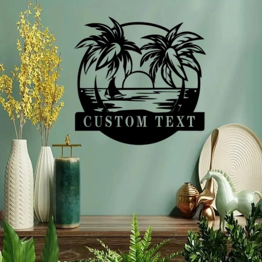 Custom Tailored Personalized Beach Decor Palm Tree Sign Outdoor Sunset Metal Sign
