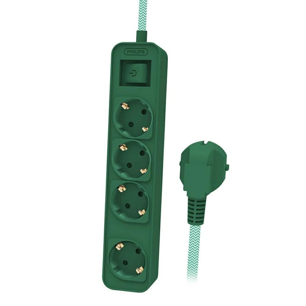 Philips Extension Cord Power Strip Surge Protector 4 Sockets 1.5M Green