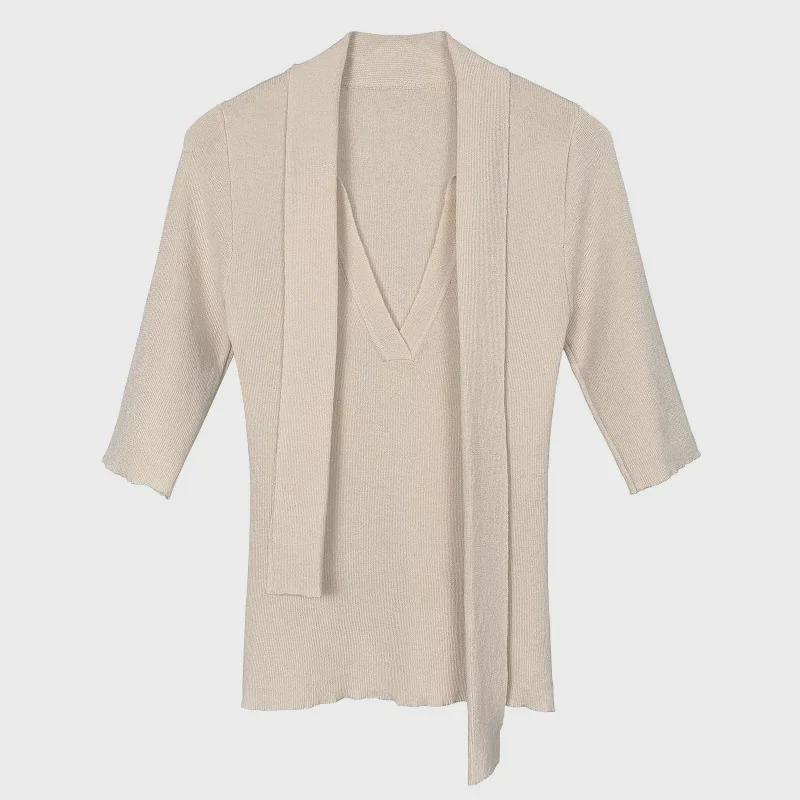 Koreanischer Dongdaemun Slim Fit Strickpullover mit halblangen Ärmeln und Schleifendesign für Damen