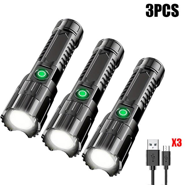 Portable LED Strong Light Flashlight Built-in Battery USB Rechargeable Telescopic Zoom Torch Outdoor Camping Hiking Cycling Lamp