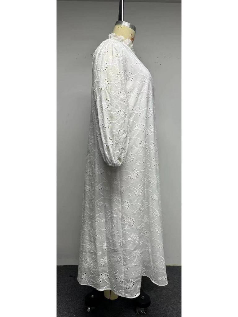 Plus Size V-neck Embroidered Lantern Sleeve Casual Dress