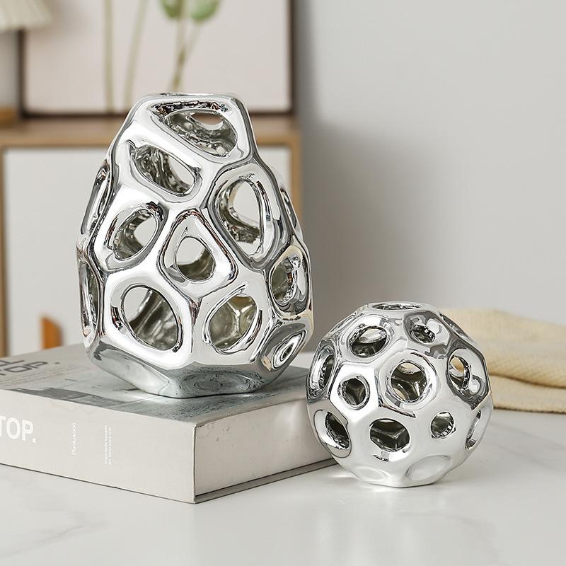 Electroplated Gold Ball Ornament Hollow Ceramic Vase Living Room Office Bookcase Ball Ornament Abstract Flower Arrangement Gifts