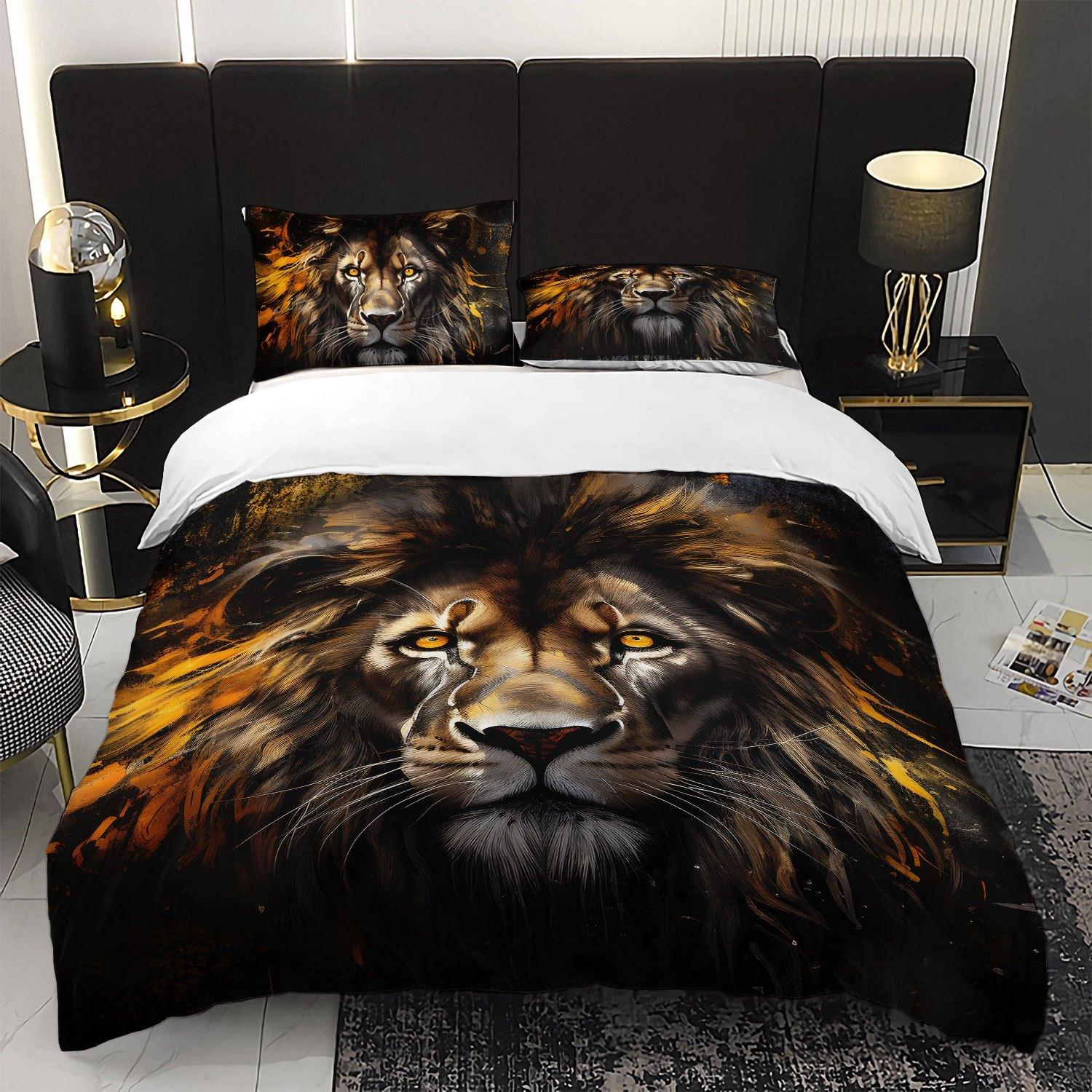 

3Pcs Fierce Lion King Bedding Duvet Cover Set Abstract Lion Bedding Quilt Set Wild Animal Themed Bed Set Luxury Bedroom Decor Duvet Cover Set&AU Single(140x210cm)