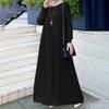 Elegant Muslim Women's Pleated Dress - Solid Color, Round Neck, Long Sleeve