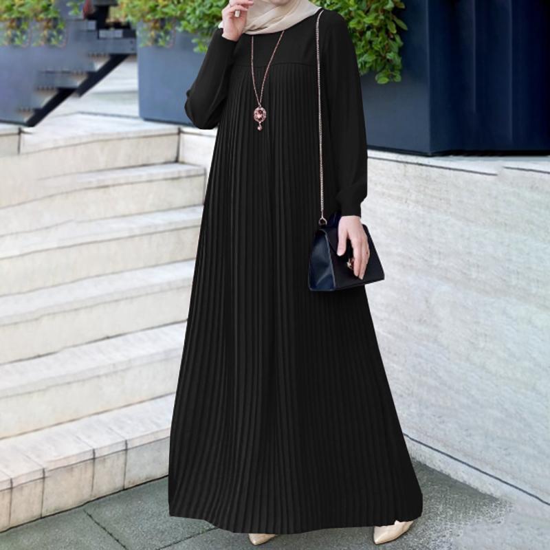 Elegant Muslim Women's Pleated Dress - Solid Color, Round Neck, Long Sleeve