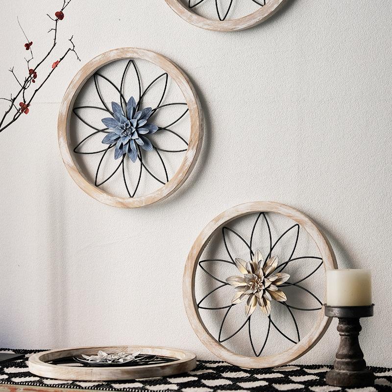American Countryside Living Room Entrance Retro Wall Decoration Wall Hanging Circular Wooden Frame